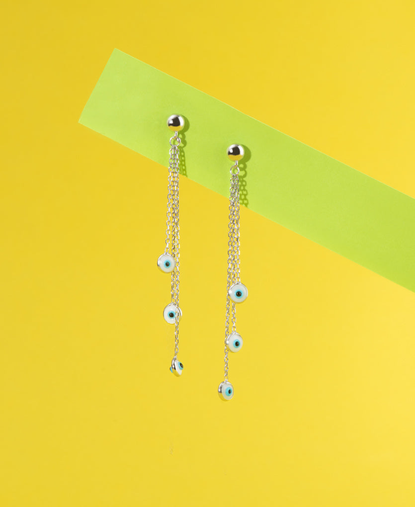 Drop Silver Earrings With Mystical Evil Eye Charm