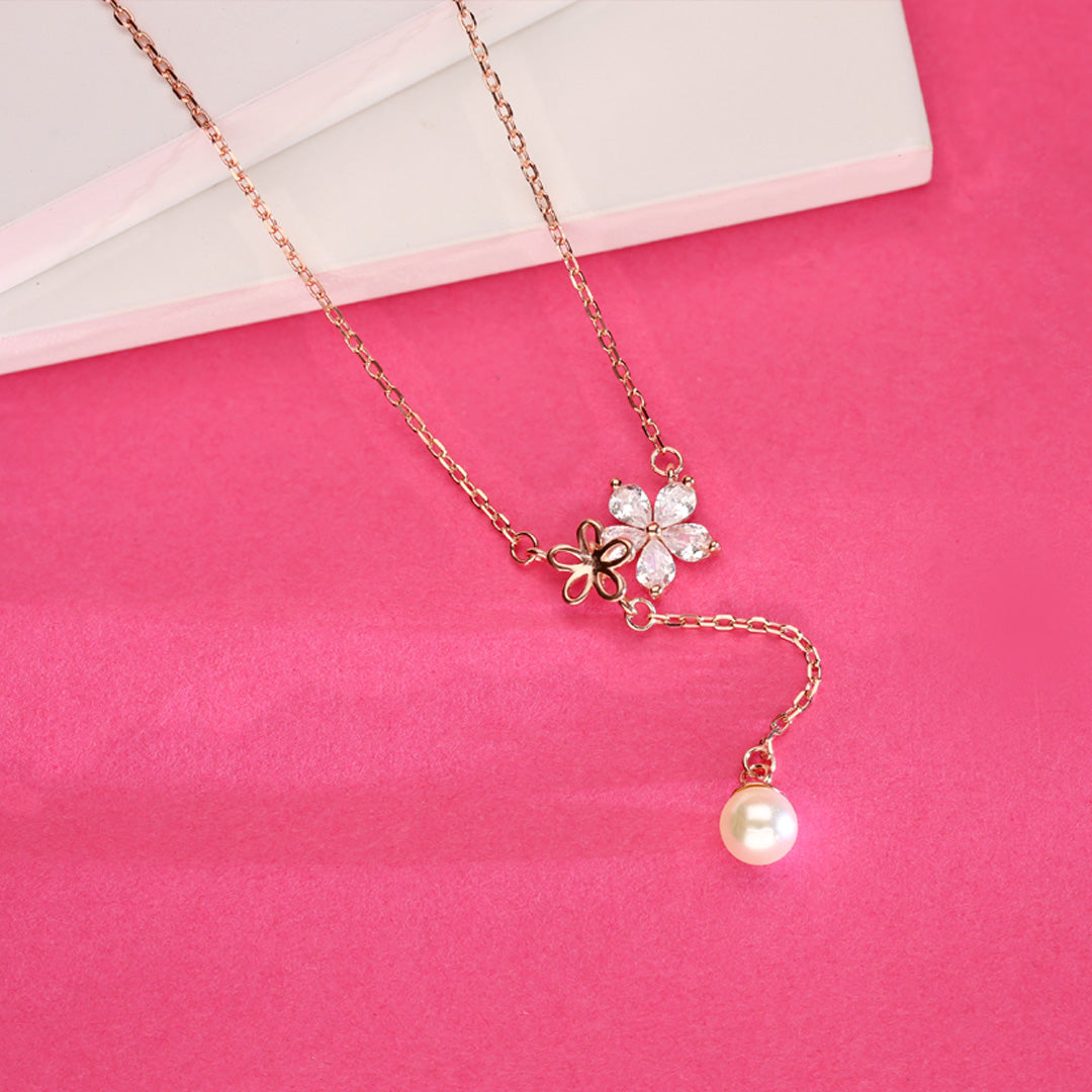 Flowers and Pearl Rose Gold Necklace
