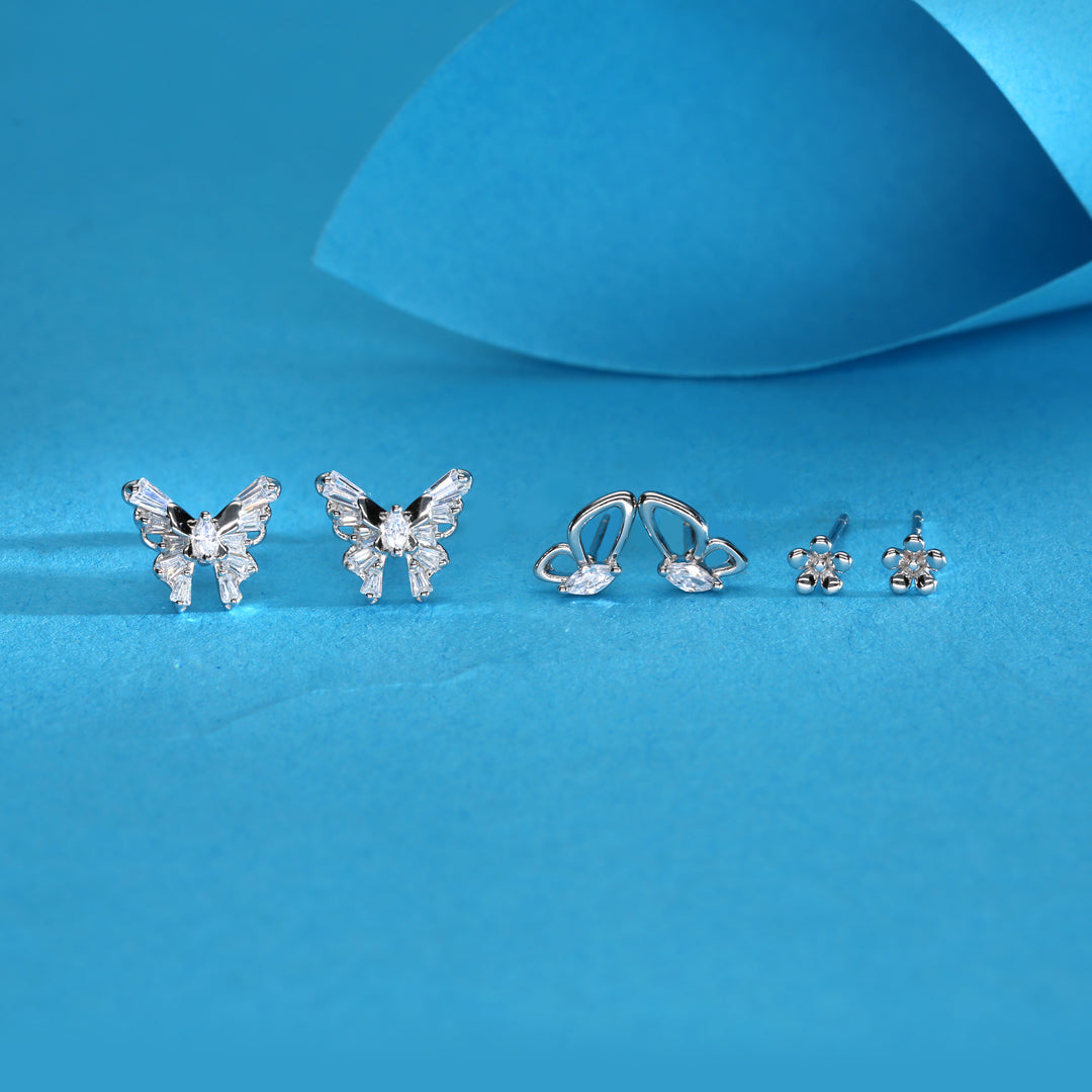Butterfly and Flower Silver Earring Set Earrings