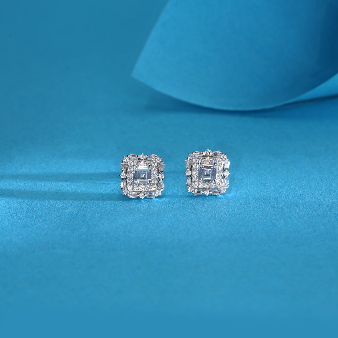 Intricate Square Silver Stud Earrings