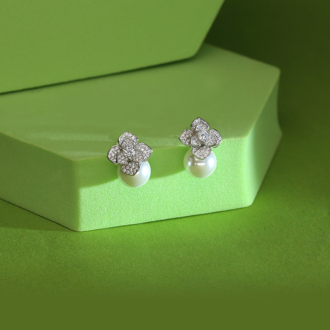 Flower and Pearl Silver Stud Earrings