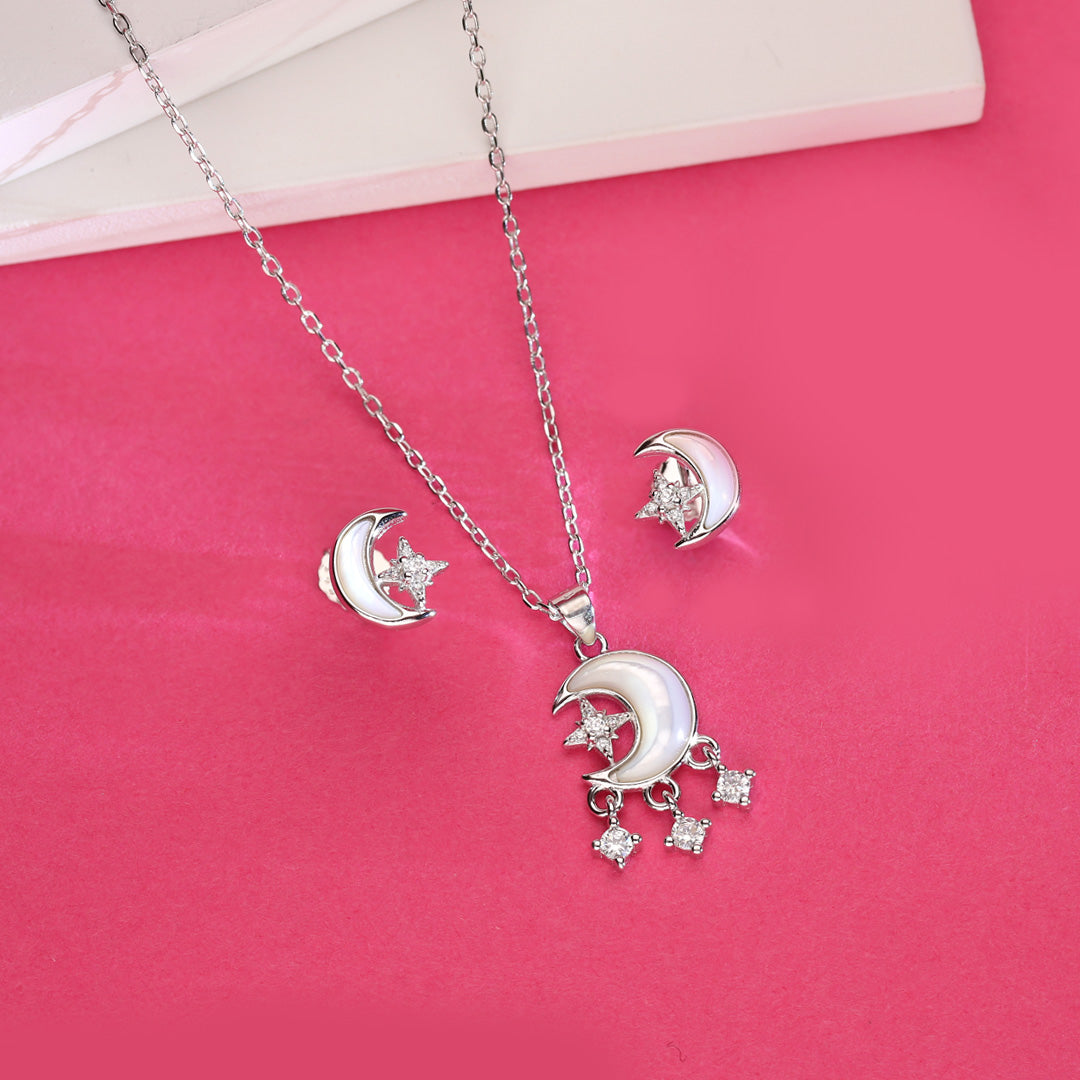 Gilded Crescent and Star Silver Necklace Set
