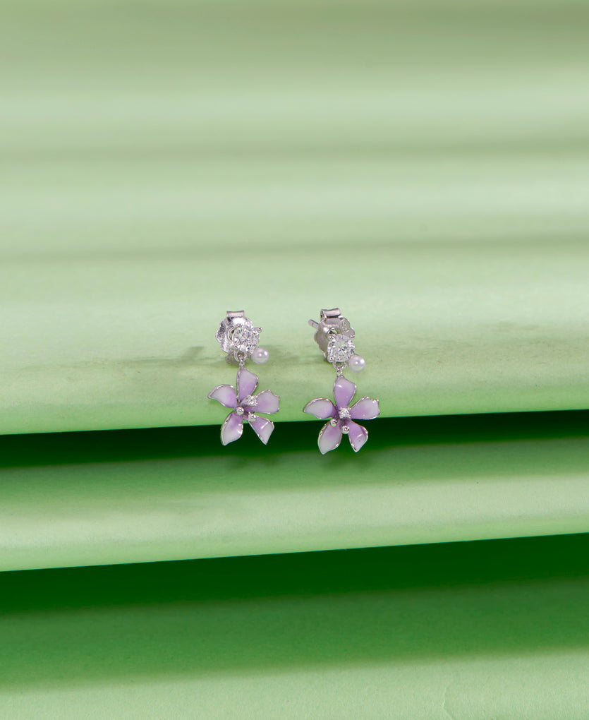 Solitary Magnolia Push Button Silver Earring